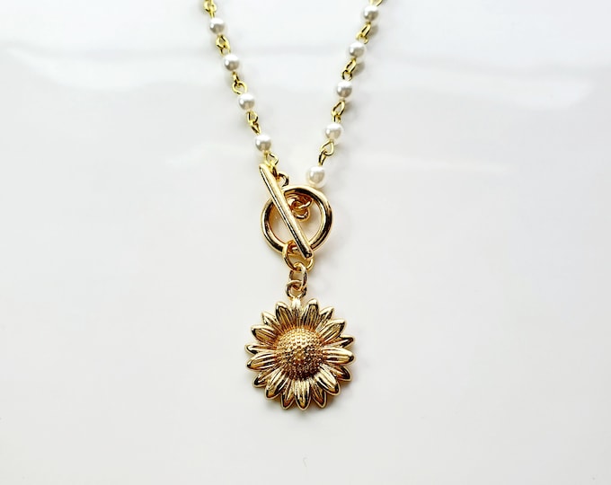 Sunflower charm necklace on pearl rosary bead chain