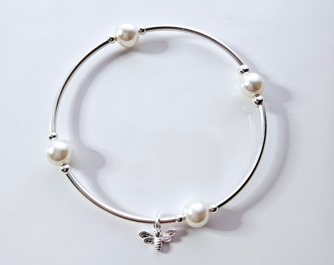 Truly Blessed Sweet as a Bee blessing bracelet with white pearls and silver bumbleber charm