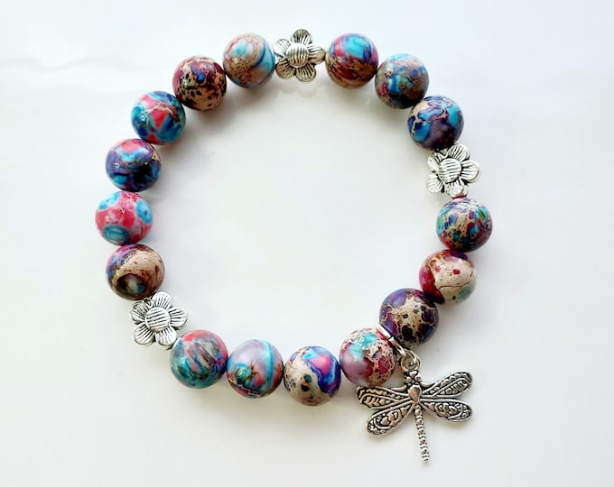 Purple and blue Imperial jasper gemstone beads with silver Dragonfly charm