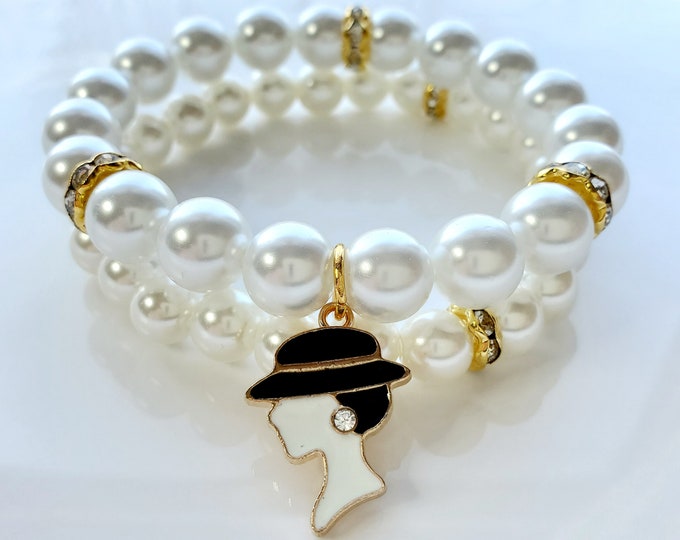 Austrian crystal pearl bracelet set with enamel fashion charm