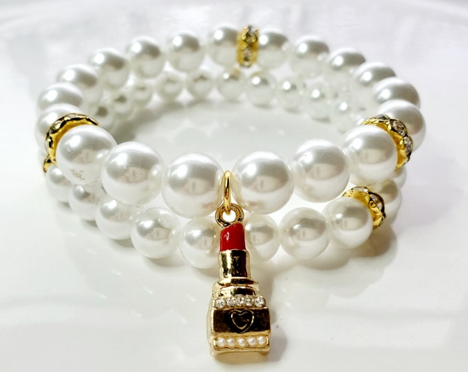 Austrian crystal pearl bracelet set with iconic lipstick charm