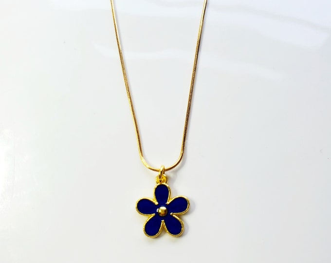 Gold plated blue enamel forget me not flower on gold plated snake chain