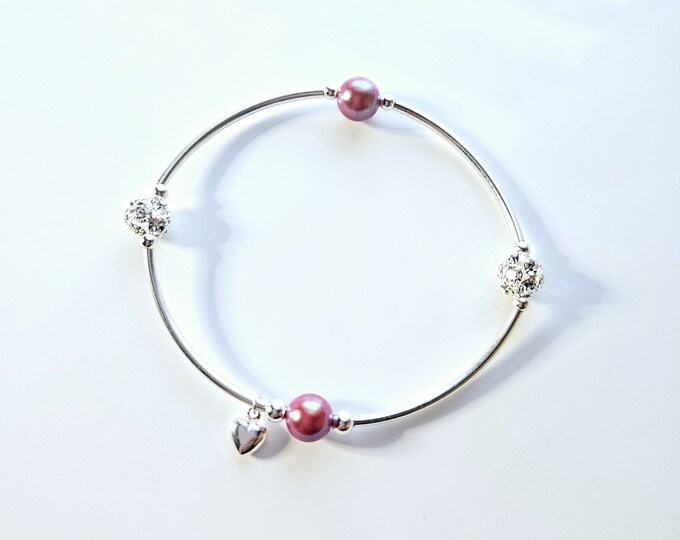 Sterling silver Truly Blessed bracelet with Pearlescent red pearls, pave rhinestone beads and silver heart charm.