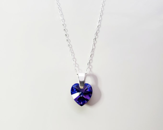 Sterling silver Austrian crystal Sapphire AB heart necklace on paperclip chain