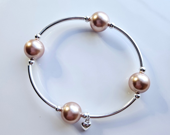 Truly Blessed, count those blessings bracelet with Austrian crystal rose gold pearls and silver heart charm.