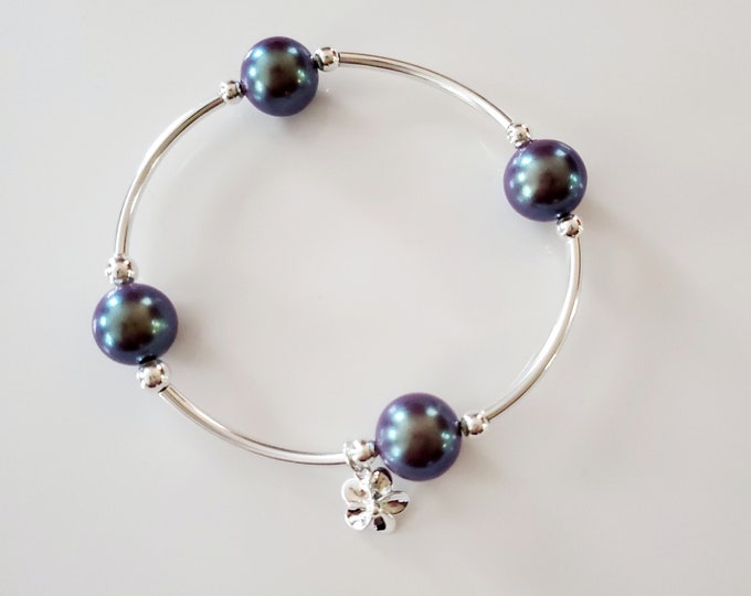 Truly Blessed, count your blessings bracelet with pearlescent blue pearls, sterling silver beads and silver flower charm