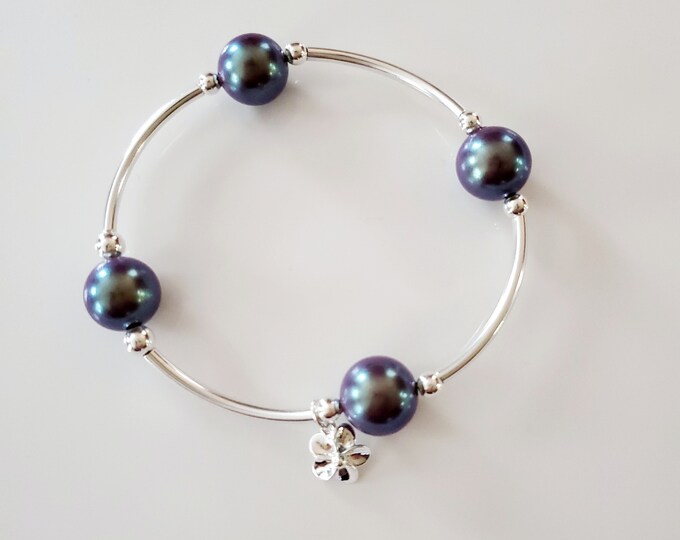 Truly Blessed, count your blessings bracelet with pearlescent violet pearls, sterling silver beads and silver flower charm