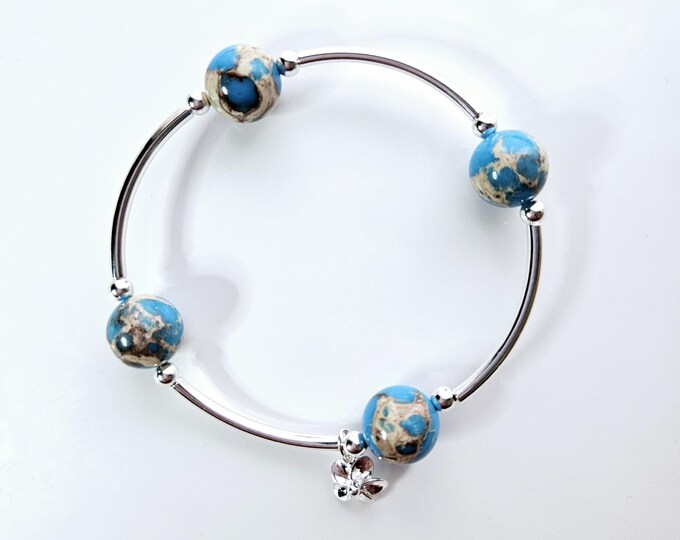 Truly Blessed, count your blessings blue sea sediment gemstone bead bracelet with silver flower charm