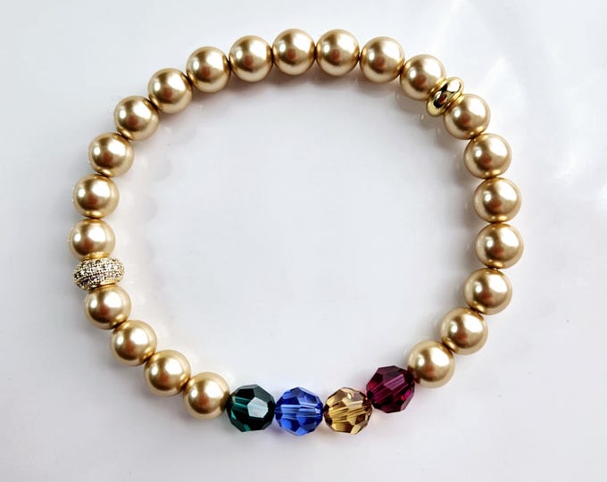 Mothers  bracelet with family birthstone colors and gold Austrian crystal pearls.