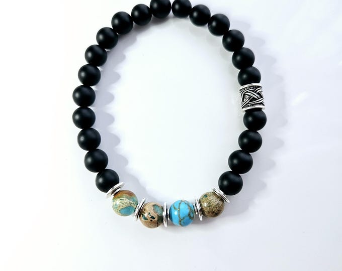 Men's Irish blessing bracelet with Black onyx and turquoise jasper beads and Celtic knot charm bead.