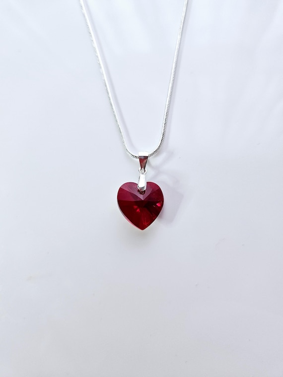 Sterling Silver Austrian Crystal Ruby AB Heart Pendant on Silver