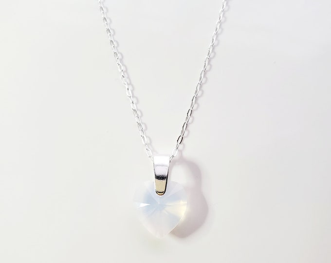 Sterling silver Austrian crystal opal heart pendant on paperclip chain