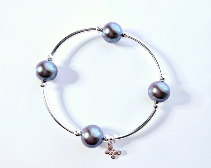 Silver Buttetfly Blessing, beautiful like the butterfly bracelet with pearlescent violet pearl beads and butterfly charm