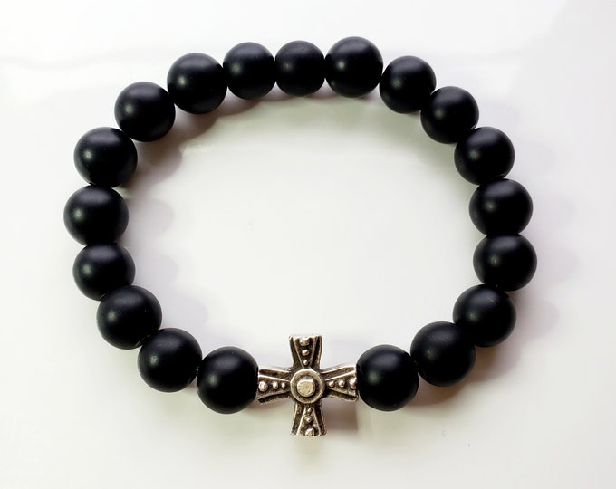 Men's Black onyx bead bracelet with silver Celtic cross