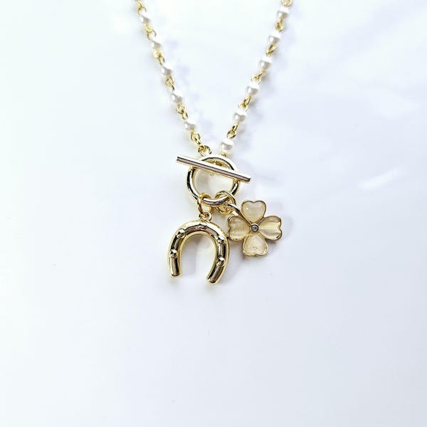 Gold Hufeisen & Klee Charm Halskette, Rosenkranz Perlenkette