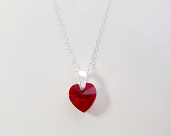 Sterling silver Austrian crystal ruby AB heart pendant on paperclip chain and a cute valentine tag with poem.