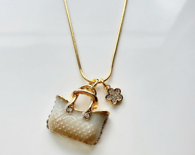 Taupe color handbag necklace on gold plated snake chain