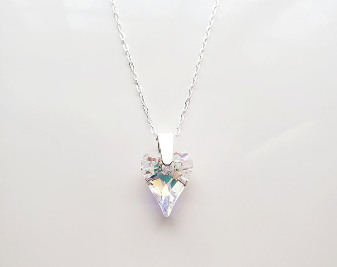 Sterling silver Austrian crystal AB heart necklace on paperclip chain and valentine tag with poem.