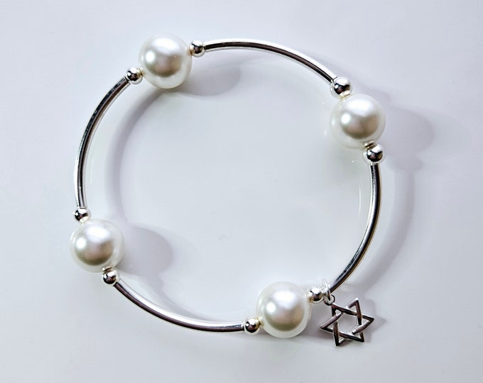 Truly Blessed bracelet with Austrian crystal white pearls sterling silver beads and silver star of david charm