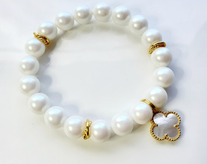 White Preciosa crystal pearlized bracelet with a white MOP four-leaf clover charm