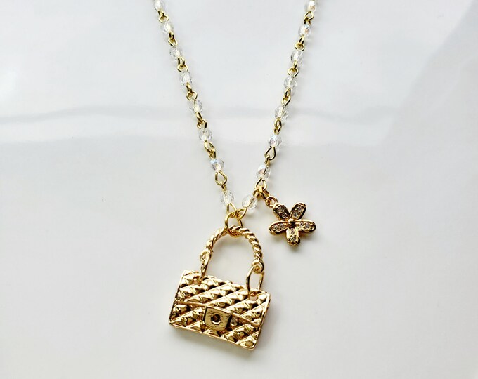 Crystal rosary bead chain with gold plated handbag pendant