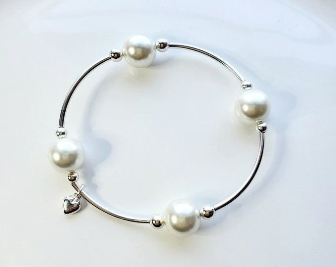 Truly Blessed, count your blesdings bracelet with White Austrian crystal pearls, sterling silver beads and charm.