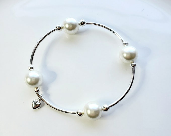Truly Blessed, count those blessings bracelet with White Austrian crystal pearls, sterling silver beads and silver charm.