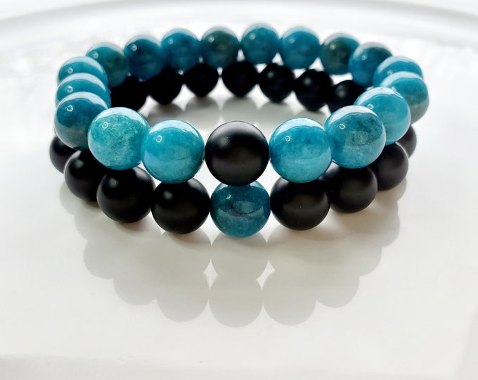 Blue apatite and black onyx couples bracelet set