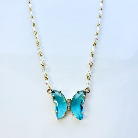 Aqua Blue Butterfly Pendant on Crystal Rosary Bead Chain - Main Image