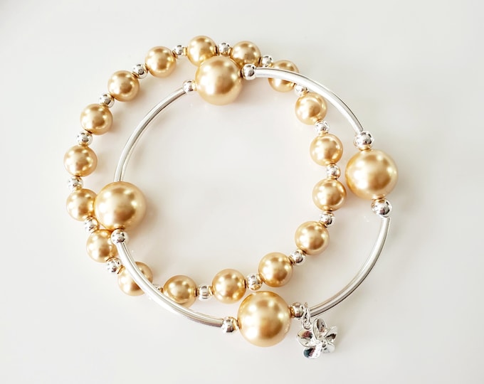 Austrian crystal gold pearl "Count your blessings" bracelet duo with sterling silver flower charm.