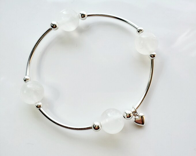 Truly Blessed, count those blessings bracelet with white jade gemstone beads, sterling silver beads and silver charm.