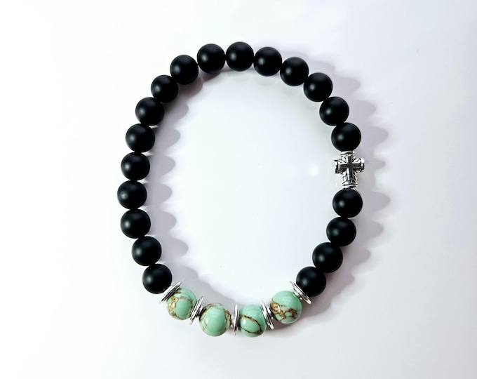 Truly blessed Mens bracelet with black onyx, gold turquoise beads with antique silver cross bead.