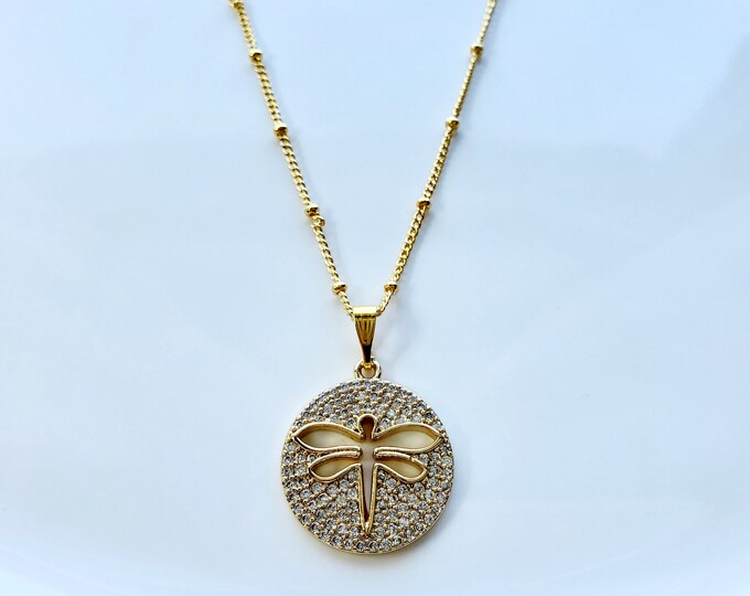 Gold pave Dragonfly necklace