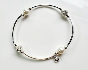 Truly Blessed, count your blessings bracelet with white crystal pearls, silver pave beads and sterling silver beads and charm