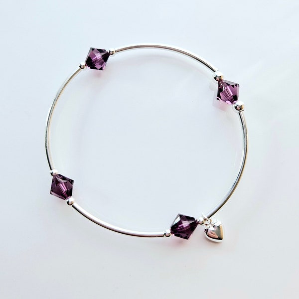 Truly Blessed, count your blessings Amethyst birthstone bracelet with silver heart charm for February birthdays
