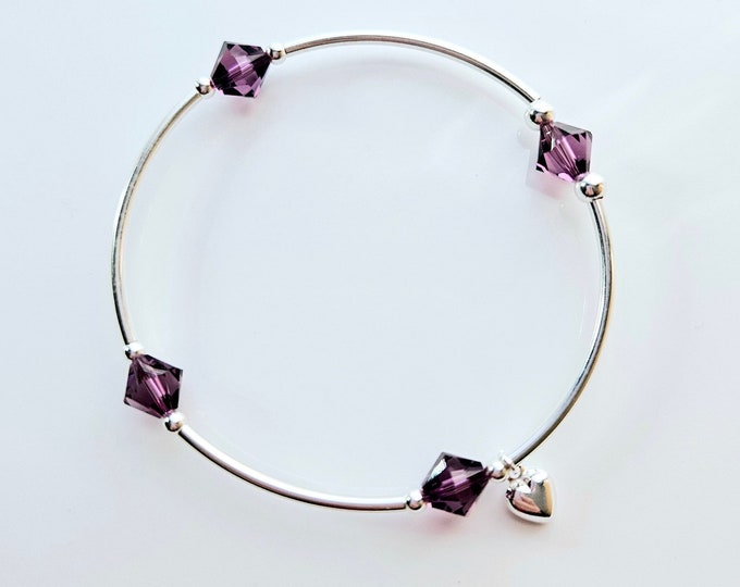 Truly Blessed, count your blessings Amethyst birthstone bracelet with silver heart charm for February birthdays