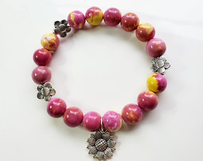 Pink and yellow rain flower jade bead bracelet with sunflower charm