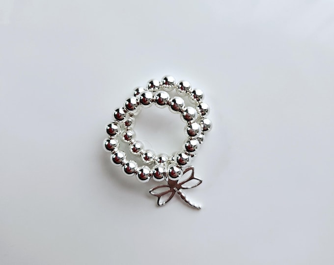 Sterling silver stackable bead ring with sterling silver Dragonfly charm.