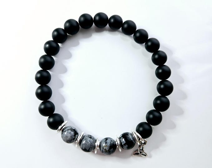 Mens Celtic Blessing bracelet with black onyx beads and trinity knot.