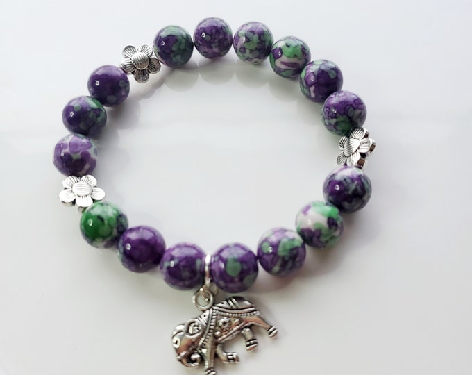 Purple and green rain flower jasper with silver elephant charm