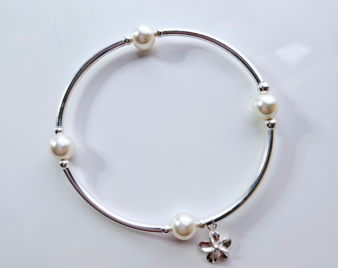 Truly Blessed, count your blessings bracelet with white pearl birthstone and silver flower charm for June birthdays