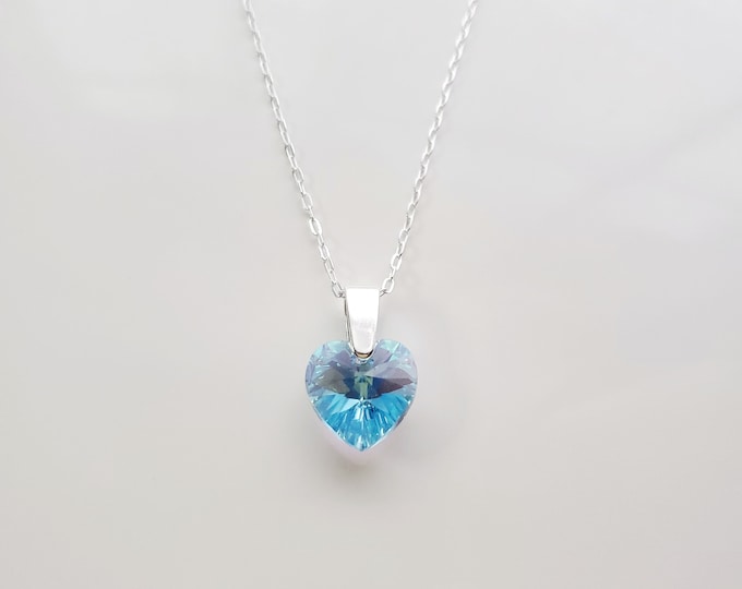 Sterling silver Austrian crystal Aqua AB heart necklace on paperclip chain