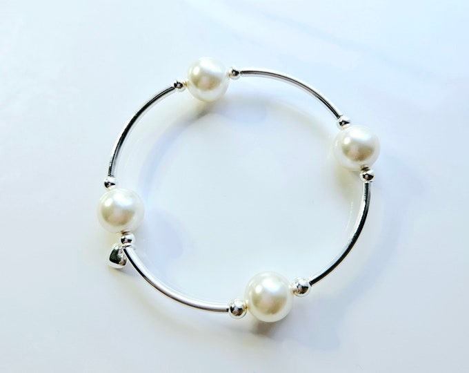 Truly Blessed, count those blessings bracelet with white Austrian crystal pearls, sterling silver beads and heart charm
