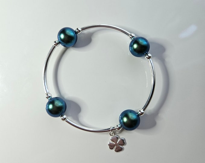 Truly Blessed, Irish blessing bracelet with peacock green opalescent pearls and sterling silver 4 leaf clover charm