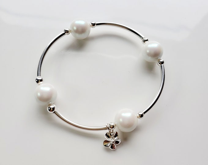 Truly Blessed count your blessings bracelet with Austrian crystal pearlescent white pearls, sterling silver beads and charm.