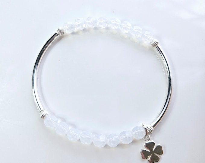 Truly Blessed Irish blessing bracelet with Austrian crystal white opal beads and sterling silver 4 leaf clover charm.