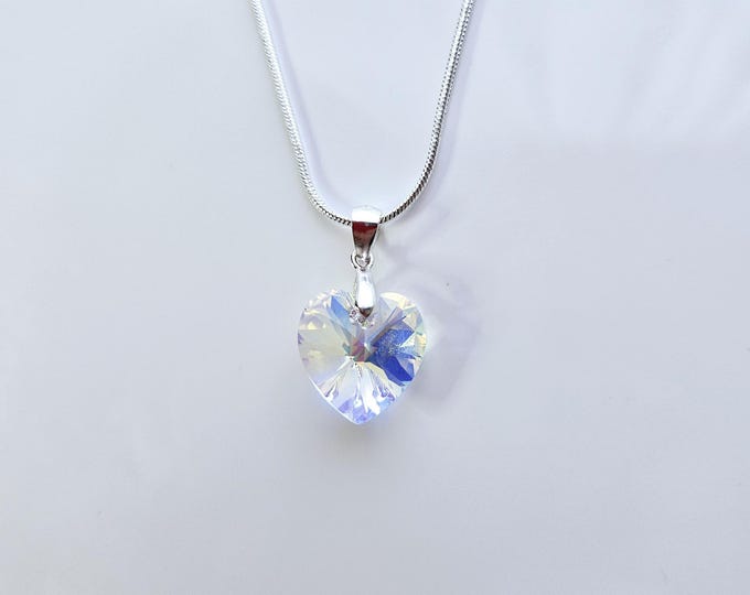 Sterling silver Austrian crystal heart necklace in crystal AB on silver snake chain