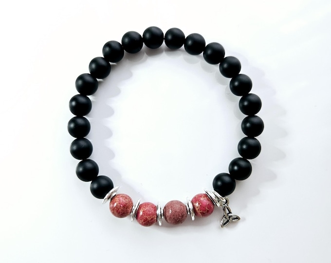 Mens Celtic Blessing bracelet with black onyx beads and Trinity knot.