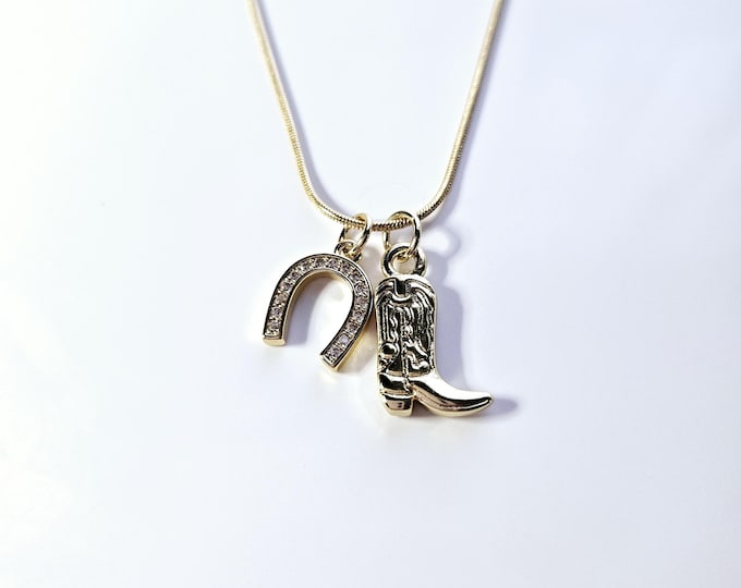 cowboy necklace with 18kt gold filled cowboy boot and rhinestone horseshoe.