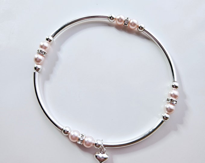 Truly Blessed count your blessings bracelet with Austrian crystal rosaline pearls and silver heart charm